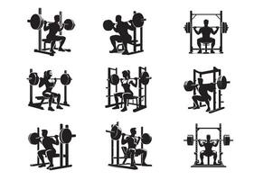 Strong Smiling Man Doing Bench Press Exercise Silhouettes Set vector