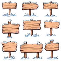 Set of nine wooden sign posts covered with snow pointing in different directions vector
