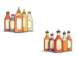 Various condiment bottles with blank labels displaying mustard, ketchup, and sauces vector