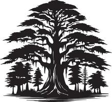 the silhouette of a tree with a lake in the background vector