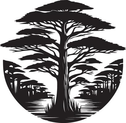 a black and white logo of a tree with water and trees