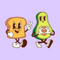 Retro cute avocado and toast cartoon characters, a fun and charming concept of the perfect breakfast duo vector