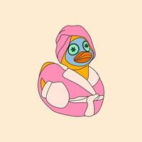 Cartoon rubber duck in spa day mode, wearing a bathrobe and cucumber face mask, enjoying a moment of relaxation and self care vector