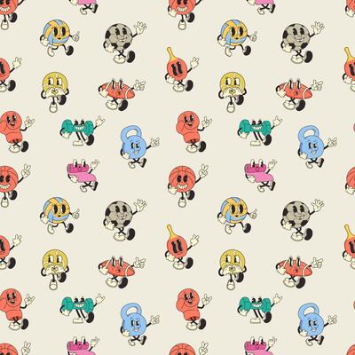 Seamless pattern with retro cartoon style sports equipment. Playful, colorful, and funky
