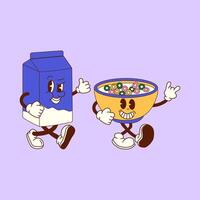 Retro cartoon cereal and milk characters, a fun and nostalgic concept of the perfect breakfast duo in vintage style vector
