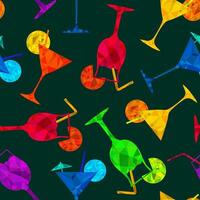 seamless pattern with polygonal rainbow cocktails on dark green background, colorful geometric drinks for summer parties, nightlife themes, bar menus and decor vector