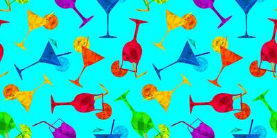 seamless pattern with colorful polygonal summer cocktails on turquoise background, bright geometric design perfect for party themes, beach bars and invitations vector