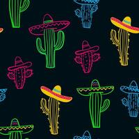 seamless pattern with colorful cartoon cacti wearing sombreros on dark background, festive mexican style design for cinco de mayo and summer celebrationWeb vector