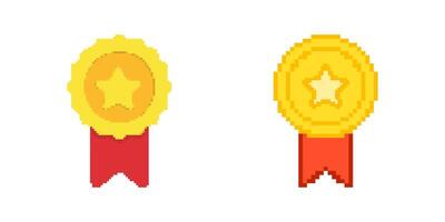 Retro Medal And Award Pixelated Icon Set. Pixel Art Symbol Collection Of Gold Medals And Stars In Pixel Design. Isolated Illustration vector
