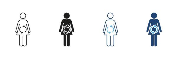 Female Figure with Arrows Line and Silhouette Icon Set. Nutrition, Digestive System and Healthy Diet Outline and Solid Symbol. Editable Stroke. Isolated Illustration vector