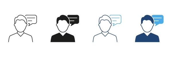 Man Line and Silhouette Icon Set with Speech Bubble. Communication, Dialogue, Consultation or Discussion. Editable Stroke. Isolated Illustration vector