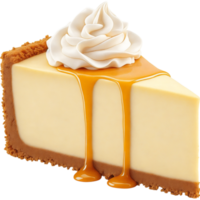 Slice of Cheesecake with Whipped Cream and Caramel Drizzle png