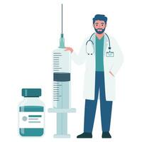 Doctor with syringe and medicine bottle vector