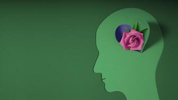 Mental Health Awareness Month Concept. Self Care, Positive Thinking, Happy and Optimistic Mind. Paper cut as a Head with a Rose Flowers on Brain photo