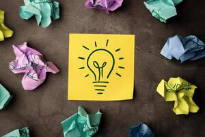 Idea, Innovation and Creativity Concept. a Light Bulb Handdrawn on Sticky Note, Brainstorm for New Business or New Product photo