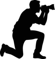 Photographer in silhouette, kneeling and taking a photo with a camera vector