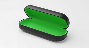 Open Sunglasses Case Showing Vibrant Green Interior on White Background photo