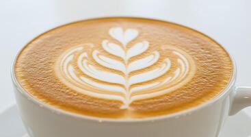 Close Up of Creamy Latte with Artistic Foam Design in White Cup photo