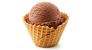 Chocolate Ice Cream Scoop in a Waffle Cone Isolated on White photo