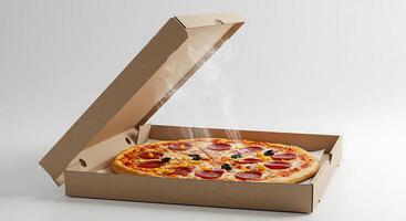 Fresh Pizza in Open Box with Steam Ready to Serve photo