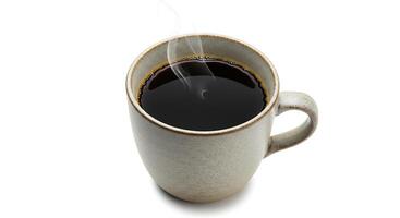 Steaming Black Coffee in Rustic Mug Isolated on White Background photo
