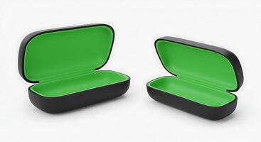 Two Open Eyeglass Cases in Black and Green Displayed on White photo