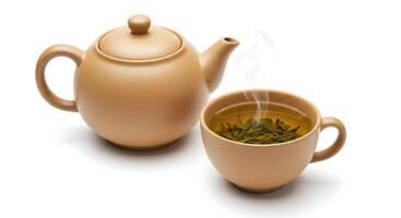 Green Tea Still Life with Steaming Cup and Teapot photo