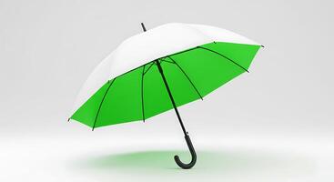 Open Umbrella with White and Green Panels on a White Background photo