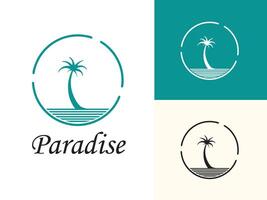 summer beach logo with palm tree and waves paradise template design vector