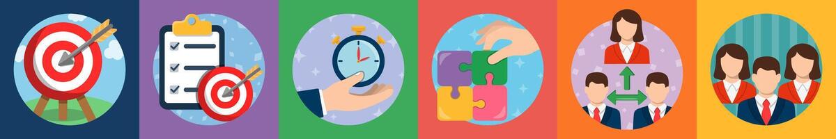 A set of 6 mix icons as target, strategy, time managemen vector