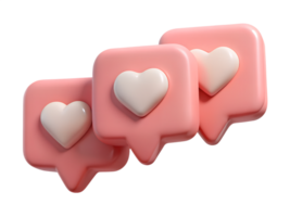 Three pastel pink speech bubbles carrying creamy hearts, symbolizing online connection and digital affection in a playful 3D style. png