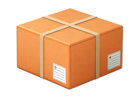 Orange squire type cardboard shipping box with tape and labels transparent on isolated Transparent background png
