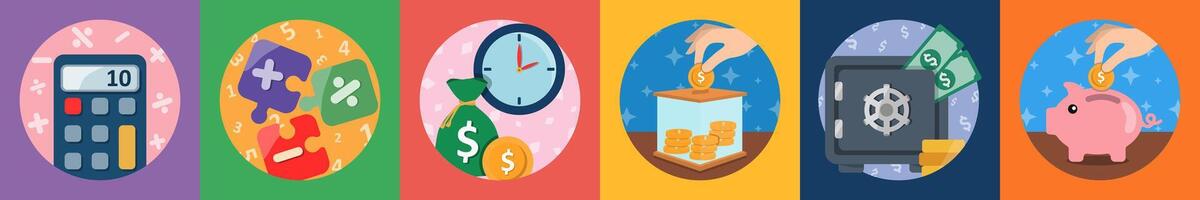 A set of 6 mix icons as calculator, time is money, donation bo vector