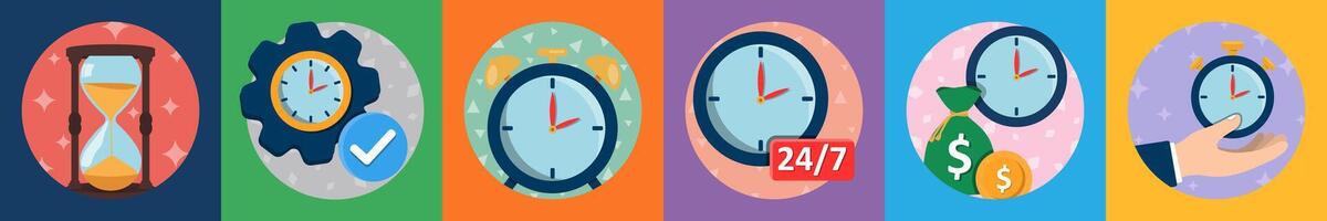 A set of 6 mix icons as hourglass, time management, alarm, 24x7 service vector
