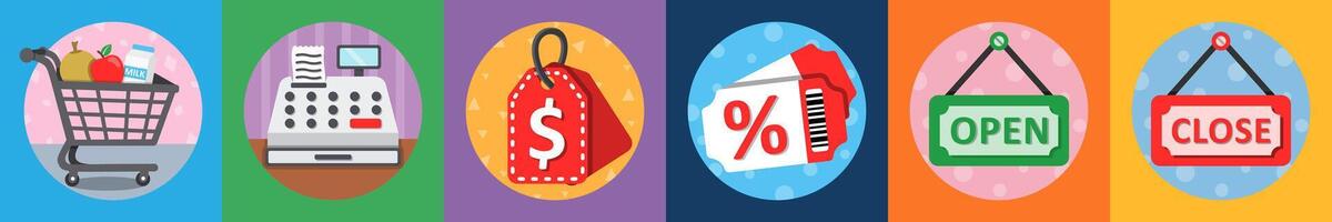 A set of 6 mix icons as grocery, billing machine, price tag vector