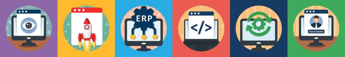 A set of 6 mix icons as page view, website launch, erp vector
