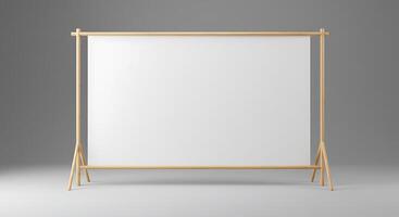 Displaying Blank Canvas on Wood Frame Against Grey Backdrop in Studio photo