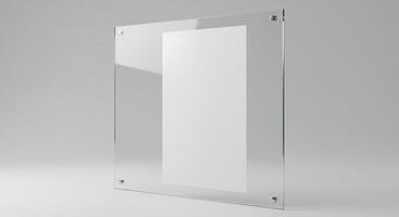 Clear Glass Frame Mockup with White Paper Sheet on Background photo