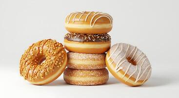 Stack of Assorted Donuts with Sprinkles and Glaze on White photo