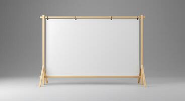 Displaying Blank White Canvas on Wooden Stand in Simple Studio photo