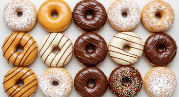 Assorted Donuts Arranged in Rows on White Surface Top View photo