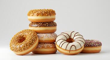 Stack of Tasty Donuts with Assorted Toppings on a Clean Background photo
