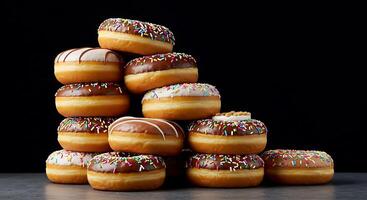 Stack of Delicious Donuts with Various Frostings and Colorful Sprinkles photo