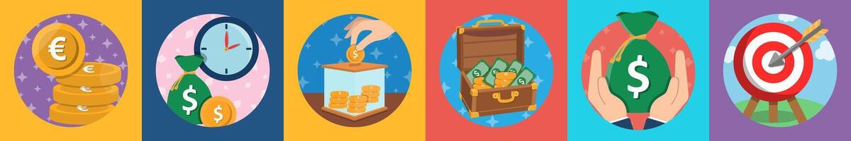 A set of 6 mix icons as euro, time is money, donation box vector
