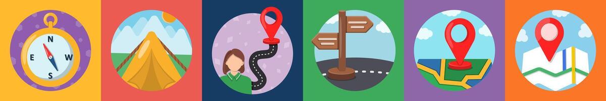 A set of 6 mix icons as compass, camping tent, route vector