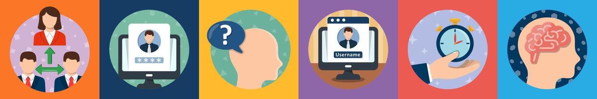 A set of 6 mix icons as third party, login profile, thinking vector