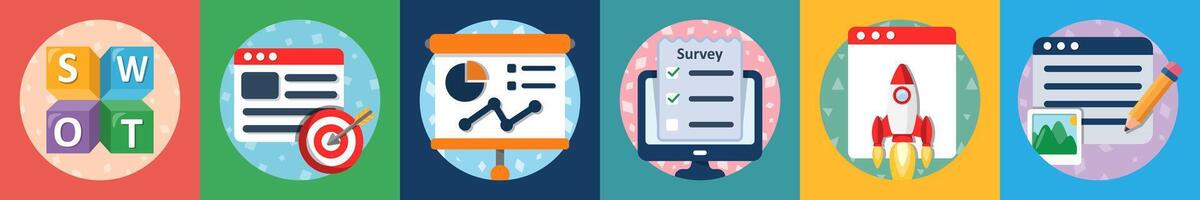 A set of 6 mix icons as swot, website target, board presentation vector