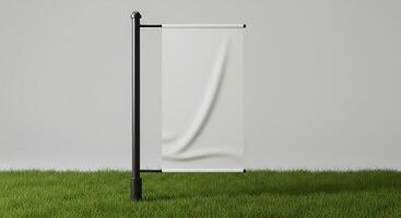 White Banner Display Mockup on a Post in Green Grass photo