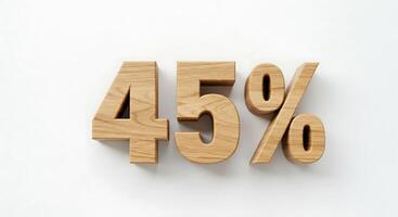Forty-five Percent in Wooden Textured Numbers on White Background photo