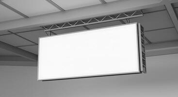 Hanging Illuminated Sign Against Gray Ceiling Space Mockup Template photo